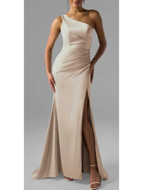 AW BRIDAL 8 M taupe Rohan satin wedding formal bridesmaid maxi dress NEW 0b13